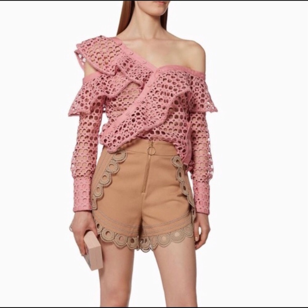 Self Portrait One Shoulder Pink Guipure Lace Top